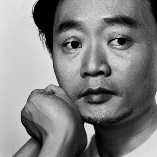Prompt: photo of Leslie Cheung Kwok Wing by Diane Arbus, extreme closeup, black and white, high contrast, Rolleiflex, 55mm f/4 lens