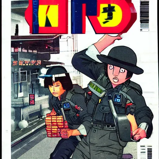 Image similar to 1989 Magazine Cover, Anime Neo-tokyo bank robbers fleeing the scene with bags of money, Police Shootout, Highly Detailed, 8k :4 by Katsuhiro Otomo : 8