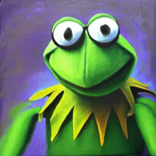 Prompt: “ kermit the frog with the hulks body, oil painting”