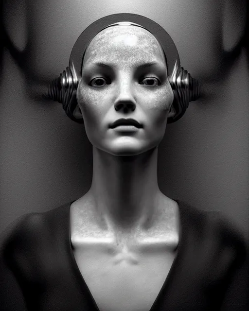 Image similar to dreamy, monochrome, subsurface scattering, white, cyborg goddess in cosmos, black and white, octane render, dino valls, mark ryden, highly detailed, rim light, art, cinematic lighting, very coherent, hyper realism, 8 k