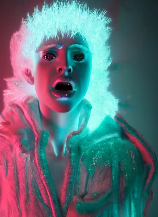 Prompt: photo of baroque and bladerunner delicate neon diamond sculpture of ceramic seductive albino prince xavier serrano delicious tongue sticking out, creamy pink iridescent humanoid deity wearing red furry hoody holding diamond skull in a green metallic dungeon, reclining, glowing rainbow face, crown of white diamonds, cinematic lighting, photorealistic, octane render 8 k depth of field 3 d