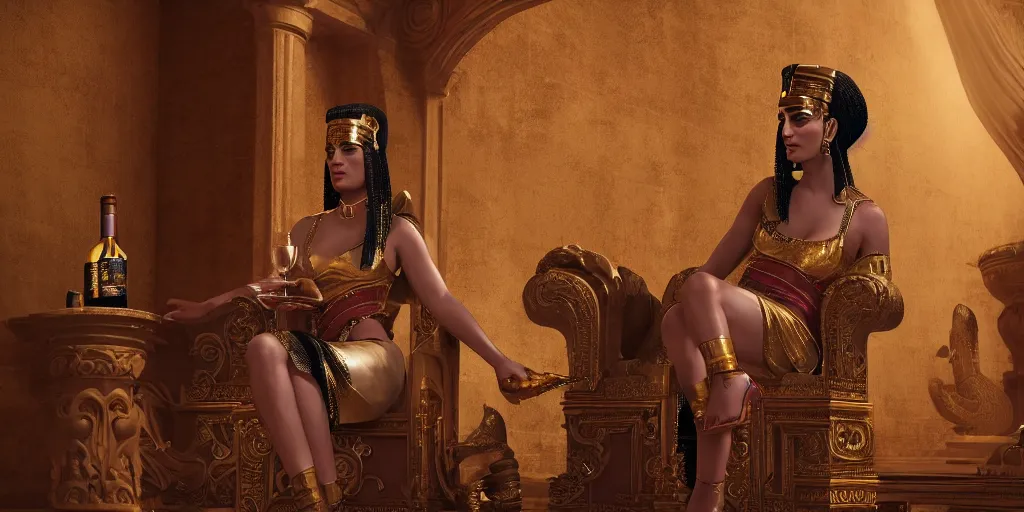 Image similar to Cleopatra drinking wine on her throne, her face is symmetrical hyper-realistic, Unreal Engine, Octane Render, digital art, trending on Artstation, 8k, detailed, atmospheric, immaculate