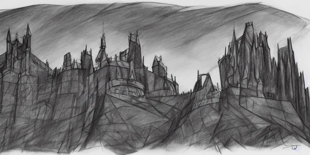 Prompt: sketch of a castle on the hill of a mountain design by antoni gaudi and zaha hadid, charcoal drawing, highly detailed, 8 k