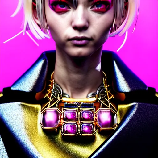 Image similar to hyperdetailed close portrait of a stunningly beautiful pink cyberpunk cute european girl made of metals and shiny iridescent gems, dark rainbow nimbus, gold necklace, puffer jacket, inspired by ross tran and masamune shirow and kuvshinov, intricate, photorealistic, octane render, rtx, hdr, unreal engine, dnd digital art by artgerm
