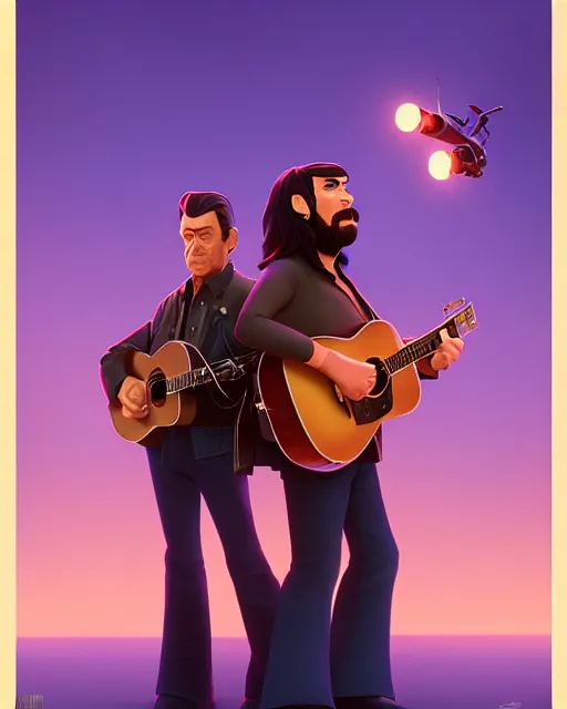 Image similar to disney pixar portrait 8 k photo of johnny cash and waylon jennings : : by weta, greg rutkowski, wlop, ilya kuvshinov, rossdraws, artgerm, annie leibovitz, rave, unreal engine, alphonse mucha : :