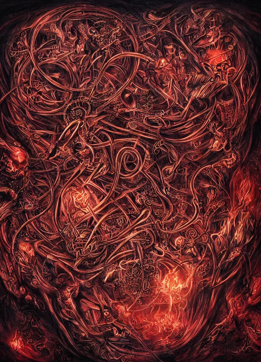 Prompt: Magical creation of protohuman on complex sigil with lots of detail. Dark colors, glowing fiery red, extremely high detail, fantasy, hyperrealism, horror art, masterpiece, 8k