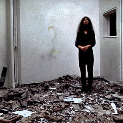 Prompt: 3 5 mm color photography, joel - peter witkin, beksinski, and stephen gammell, video still of abandoned government facility with floating woman with long hair glitch nightmare