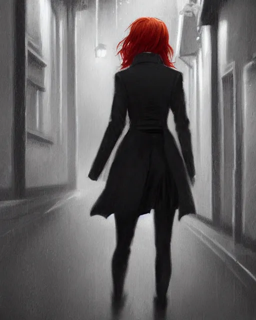 Prompt: A ultradetailed beautiful portrait painting of a mysterious redhaired woman in a trenchcoat walking through a dark alley at night. concept art, trending on deviantart, film noire, Ilya Kuvshinov.