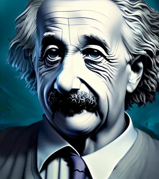 Image similar to highly detailed portrait albert einstein in gta v, stephen bliss, unreal engine, fantasy art by greg rutkowski, loish, rhads, ferdinand knab, makoto shinkai and lois van baarle, ilya kuvshinov, rossdraws, tom bagshaw, global illumination, radiant light, detailed and intricate environment