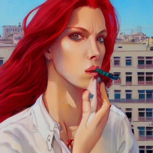 Image similar to a beautiful artwork portrait of a woman with a white shirt and red hair smoking a cigarette on a hotel balcony by Jerome Opeña, featured on artstation