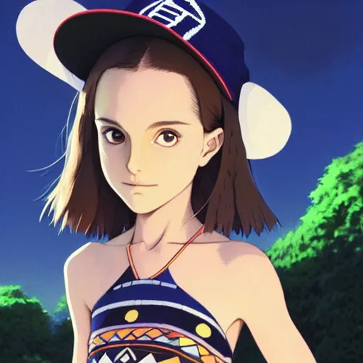 Image similar to beautiful boyish natalie portman gravure model in majora's mask, wearing wooden mask and baseball cap and leotard, street wear with subtle mayan patterns, aztec bathing suit, gapmoe yandere grimdark, trending on pixiv fanbox, painted by greg rutkowski makoto shinkai takashi takeuchi studio ghibli, akihiko yoshida