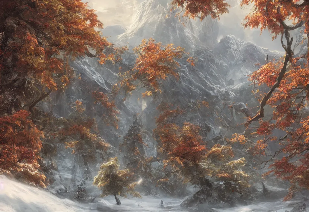 Image similar to tree, spring, summer, autumn, winter, snow, volymetric light, highly detailed matte painting, noriyoshi ohrai, charlie bowater, mark brooks