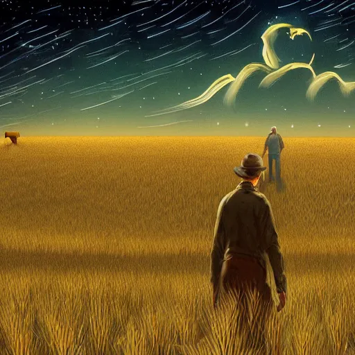 Prompt: a farmer standing on the fields of barley looking at the stars through telescope by H.P. Lovecraft, 8k, epic scene, concept art