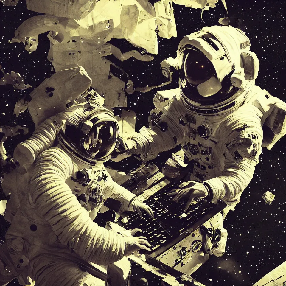 Image similar to an astronaut playing a keyboard by ashley wood, dynamic lighting, cinematic, epic composition, masterpiece