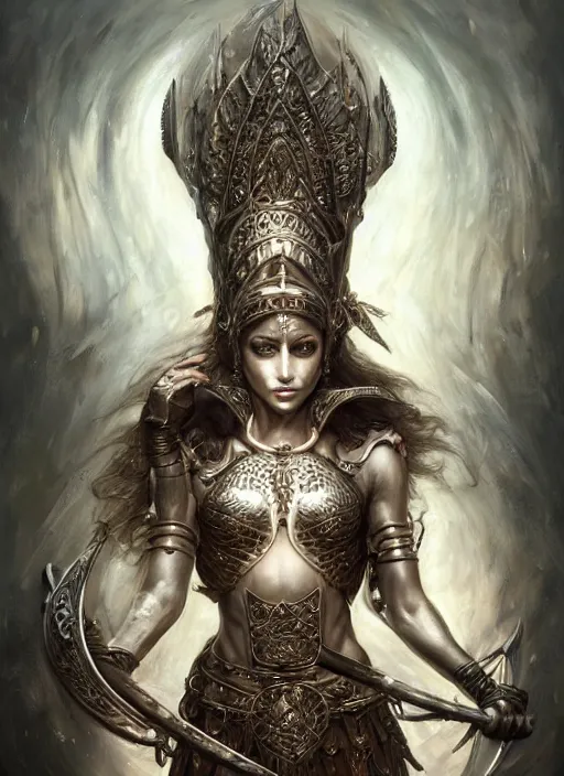 Image similar to full portrait of a warrior queen, black metal shiny skin. intricate, elegant, highly detailed, centered, digital painting, artstation, concept art, smooth, sharp focus, illustration, artgerm, tomasz alen kopera, peter mohrbacher, donato giancola, joseph christian leyendecker, wlop, frank frazetta