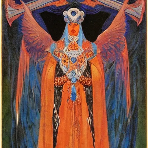 Prompt: coronation of the raven, by Annie Swynnerton and Nicholas Roerich, bioluminescent skin!, elaborate costume, geometric ornament, symbolist, rich colors, dramatic lighting, smooth, sharp focus, extremely detailed