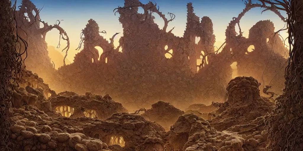 Prompt: a fantasy night desert landscape, ruins, bones, overgrown, arid ecosystem, digital illustration by michael whelan and leyendecker and artgerm, intricate details, surreal, photorealistic, award winning