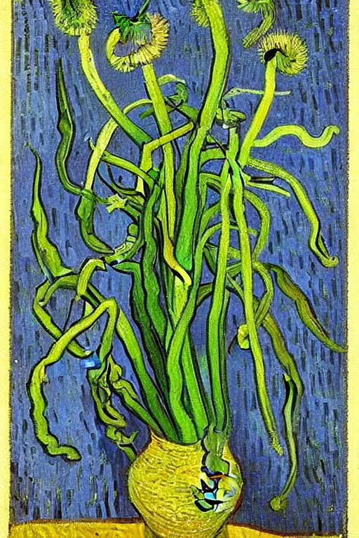 Image similar to Fiddleheads, painted by Vincent Van Gogh (1890), oil on canvas, detailed brushstrokes