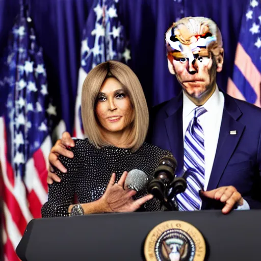 Image similar to photograph of an alien wearing a wig and a dress and (((Joe Biden))) at a press conference, highly detailed, 4K