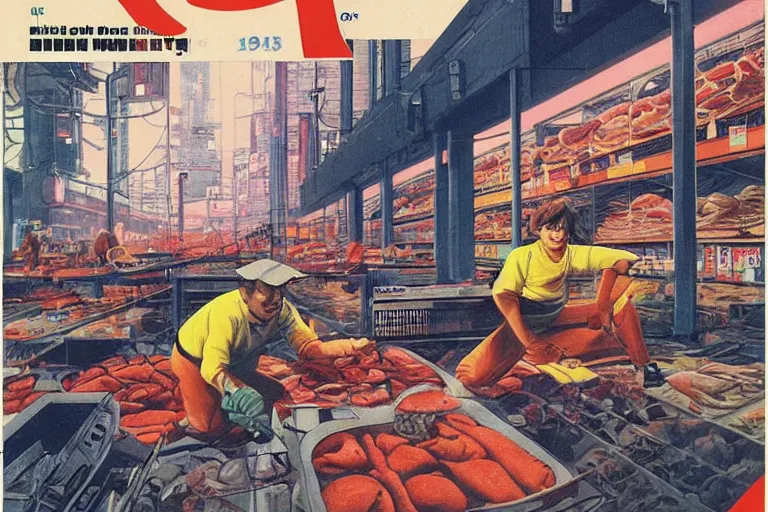 Image similar to 1979 OMNI Magazine Cover of a dumb ogre working at a fish market warehouse. In the background are street level views of neo-Tokyo in cyberpunk style by Vincent Di Fate