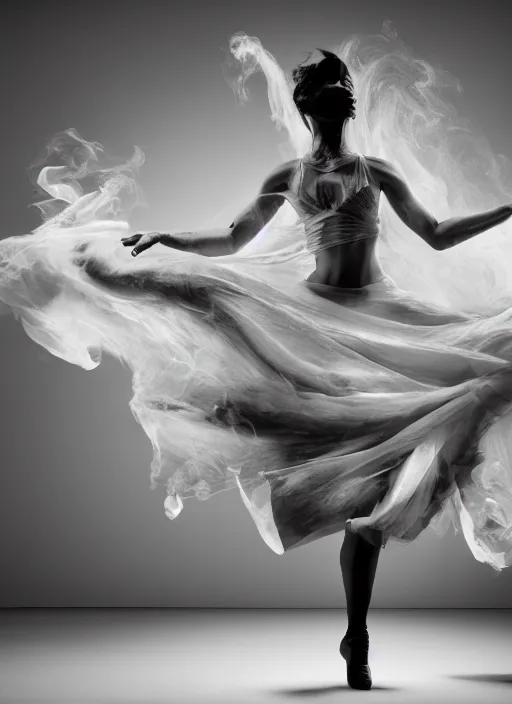 Image similar to a Photorealistic dramatic hyperrealistic render of a glamorous beautiful Female smoke dancer by Ken Brower and Deborah Ory of NYC Dance project,Lois Greenfield,Flowing cloth and smoke,Beautiful dynamic dramatic dark moody lighting,volumetric,shadows,cinematic atmosphere,Octane render,8K