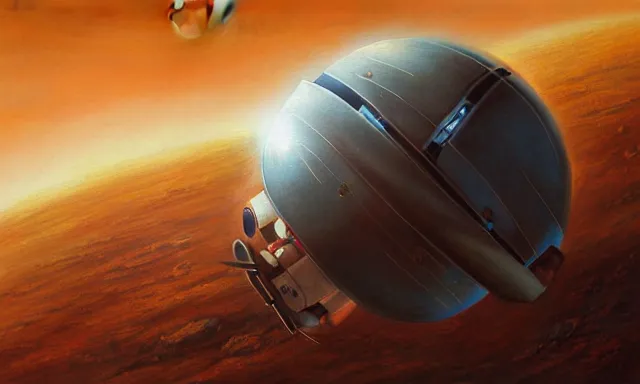 Image similar to a realistic painting of a spaceship in the orbit of mars by john jude palencar