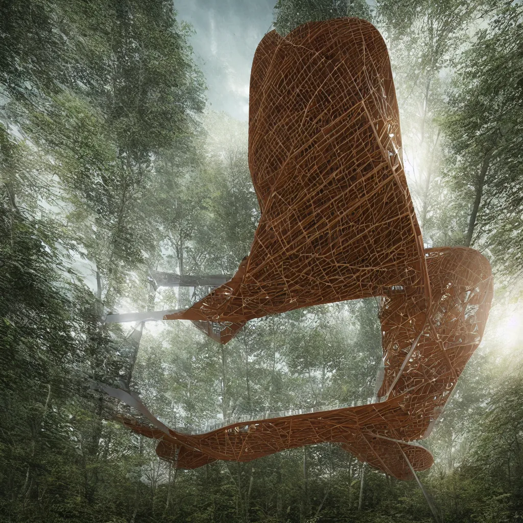 Prompt: Hyper realistic, double helix-shaped corten steel observation tower in forest, Future design, wide angle shot, architecture design, parametric architecture, covers by textile, environment, morning light, Cinematography, mega scans, cinematic, hyper realistic, photo real, cinematic composition, highly detailed, vray, 8k render