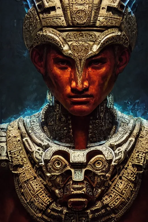 Image similar to aztec god, close - up portrait, powerfull, intricate, elegant, volumetric lighting, scenery, digital painting, highly detailed, artstation, sharp focus, illustration, concept art, ruan jia, steve mccurry