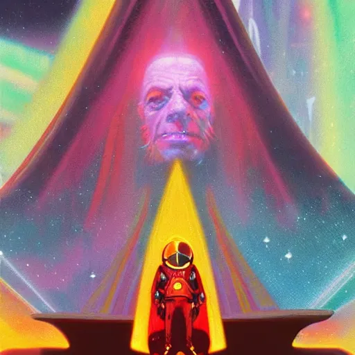 Prompt: epic illustration of Christopher Lloyd as a space wizard by Paul Lehr, detailed, space opera, screen print