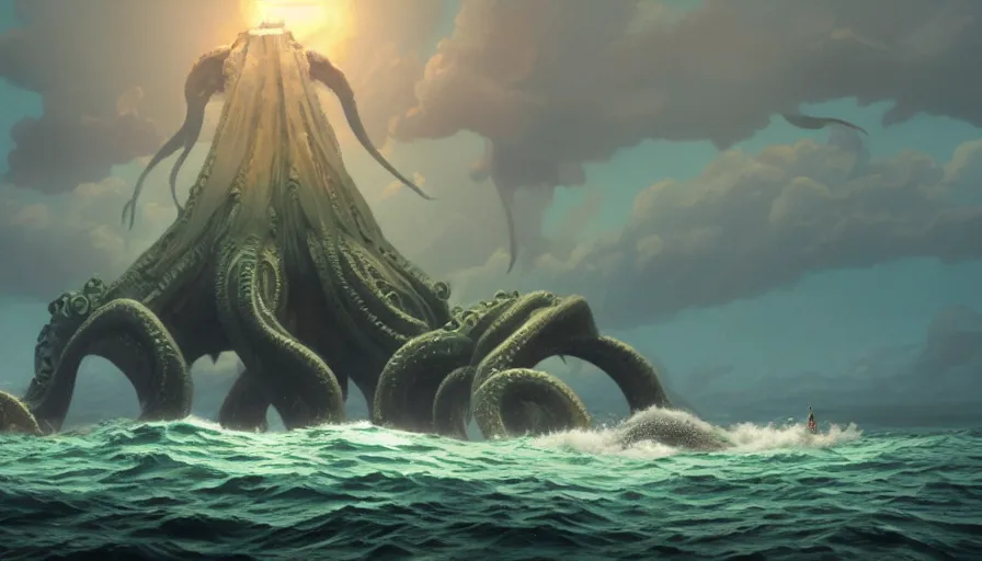 Image similar to A highly detailed matte painting of the huge Cthulhu in the ocean, by Studio Ghibli, Makoto Shinkai, by Artgerm, by beeple, by Greg Rutkowski, volumetric lighting, octane render, 4K resolution, trending on artstation, masterpiece