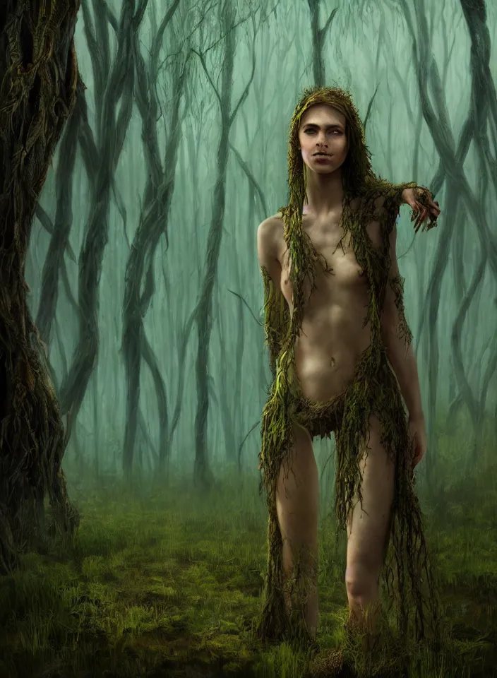 Prompt: a portrait of a dryad ent guarding the marshy swamps from skyrim, fantasy setting, cold environment, serene colors, soft lighting, atmospheric, cinematic, moody, in the style of diego koi, gina heyer, luiz escanuela, art by alyssa monk, hyperrealism, rule of thirds, golden ratio, oil on canvas, 8 k