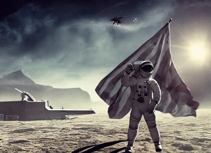 Image similar to astronaut holding a flag in an underwater desert. a submarine is visible in the distance. dark, concept art, cinematic, dramatic, atmospheric, 8 k, trending on artstation, blue, fish, low visibility, fog, ocean floor, christopher nolan, interstellar