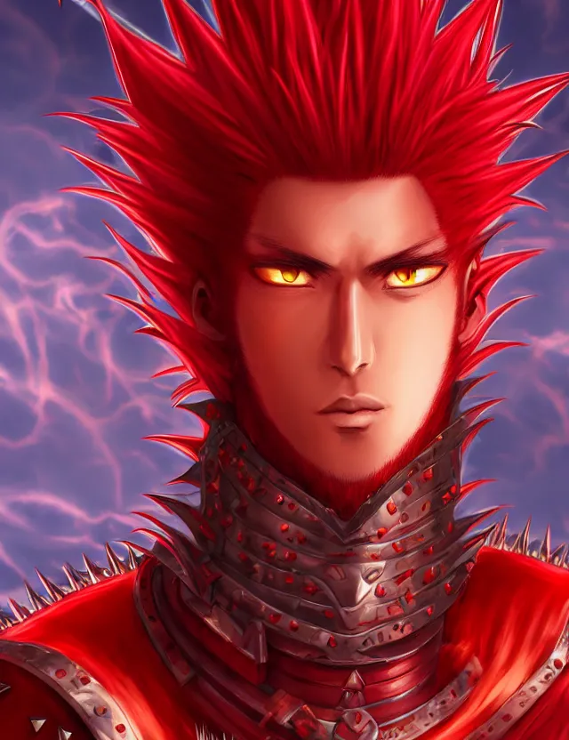 Image similar to a detailed manga portrait of a handsome tall man with spiked crimson hair in fiery crimson crystalline armour, trending on artstation, digital art, 4 k resolution, detailed, high quality, sharp focus, hq artwork, coherent, insane detail, character portrait