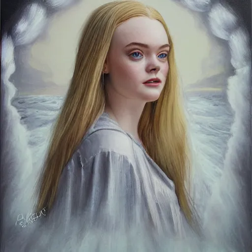 Image similar to professional painting of Elle Fanning in the style of Mark Brooks, head and shoulders portrait, symmetrical facial features, smooth, sharp focus, illustration, intricate, stormy weather, extremely detailed masterpiece,