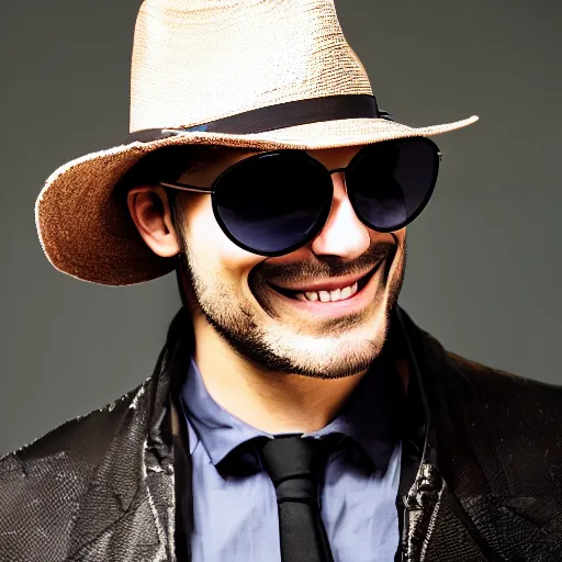 Prompt: an enigmatic mysterious man, smiling, face unseen by wearing a logo - patch woven fedora and chopard sunglasses, expensive outfit, elegant, intricate