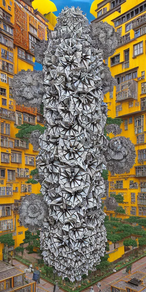 Image similar to colossal MC Escher flower in the middle of post soviet constructivist cityscape, Stalinist architecture, ultradetailed, Intricate by Hayao Miyazaki and Josan Gonzalez and Giuseppe Arcimboldo and Wes Anderson and H.R. Giger