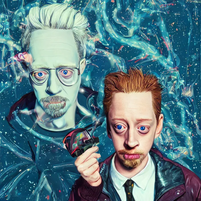 Image similar to portrait of macaulay culkin, getting schwifty. intricate artwork. octane render, trending on artstation, very coherent symmetrical artwork. Rick & morty. cinematic, high detail, octane render, 8k, iridescent accents