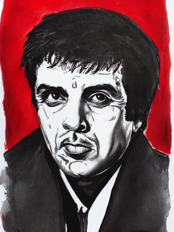 Image similar to headshot portrait. tony montana from movie scarface 1 9 8 3. al pacino, perfect symmetric face, coherent eyes, fine details., 4 k, red and black ink paint