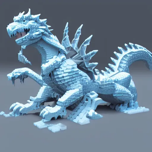 Image similar to voxel art of a snow dragon, orthographic, 4k, blender render