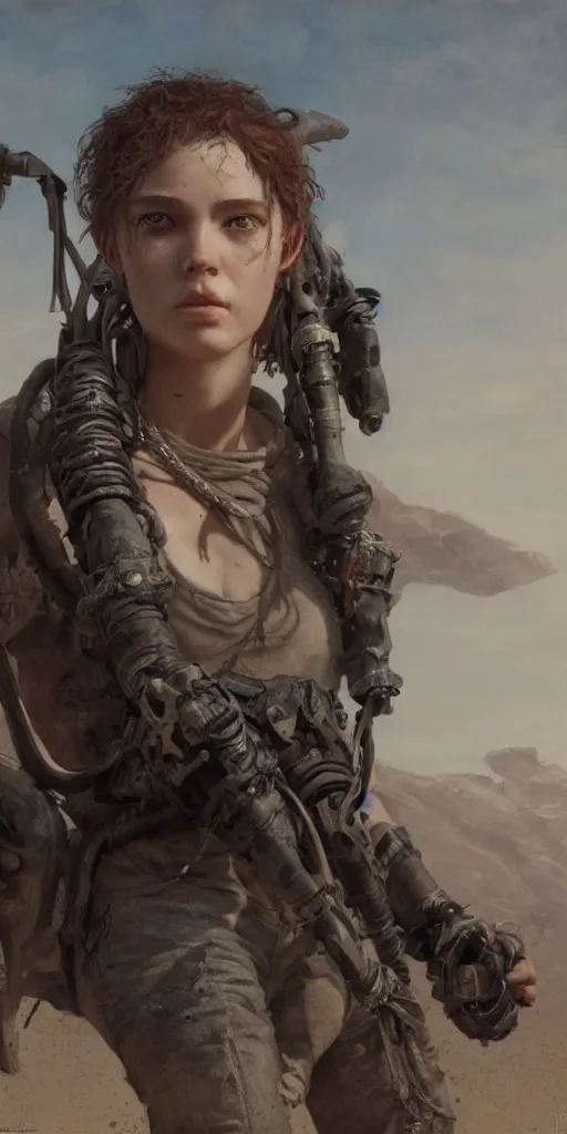 Image similar to mad max, beautiful young girl masterpiece by Edgar Maxence and Ross Tran and Michael Whelan, 8k, octane render