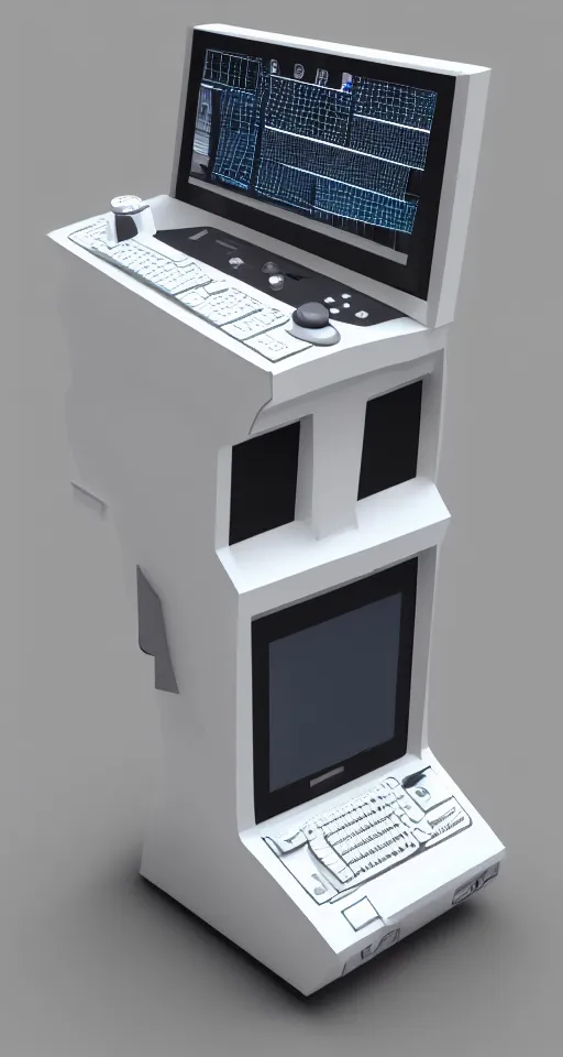 Prompt: an intricate 3 d model on a white background, detailed, videogame prop design, hard surface model, a fancy, futuristic information terminal, has a screen, metal, realistic, featured on flickr, vertical orientation, very coherent, hyper realism, high detail, octane render, 8 k