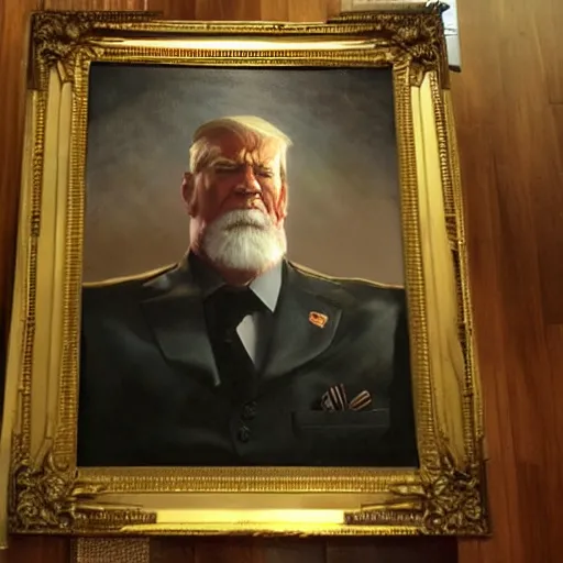 Image similar to senator armstrong from metal gear rising revengeance sitting behind resolute desk, oil painting, presidential portrait, oval office