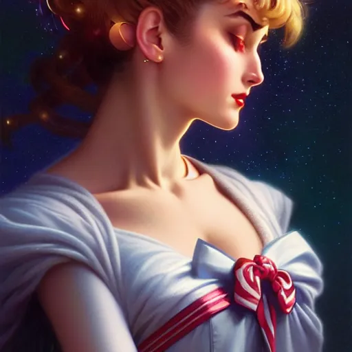 Image similar to head and shoulders Portrait of Sailor Moon, dark fantasy, medium shot, intricate, elegant, highly detailed, digital painting, volumetric light, artstation, concept art, smooth, sharp focus, illustration, art by Gil Elvgren and Greg Rutkowski and Alphonse Mucha