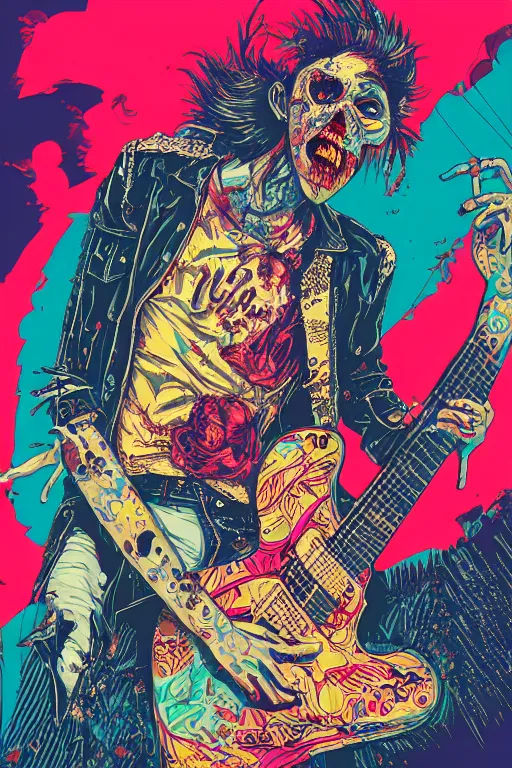 Image similar to risograph of a punk zombie playing guitar, tristan eaton, victo ngai, artgerm, rhads, ross draws, intricated details