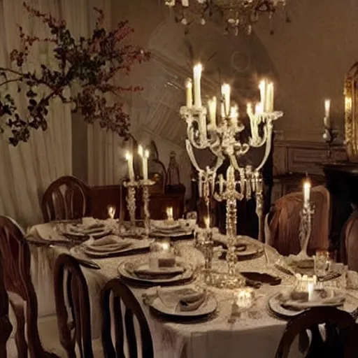 Prompt: dining room in a dark mansion, realistic, highly detailed, rests of food, candle lighting, rosemary's baby
