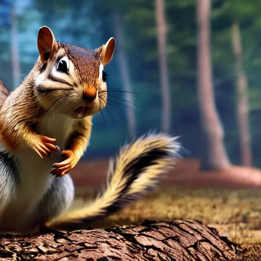 Image similar to chipmunk fight off a army of squirrels, ultra detail, ultra realistic photo realistic, 4k cinematic lighting, octane render,