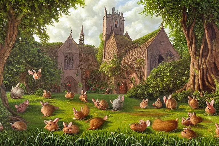 Prompt: an elaborate and dense painting of redwall abbey in mossflower wood with lots of mice and rabbits and otters walking around, detailed by brian jacques and greg rutowski