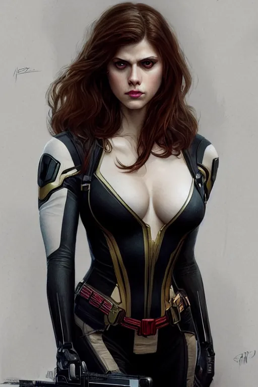 Image similar to alexandra daddario as black widow, realistic portrait, symmetrical, highly detailed, digital painting, artstation, concept art, smooth, sharp focus, illustration, cinematic lighting, art by artgerm and greg rutkowski and alphonse mucha