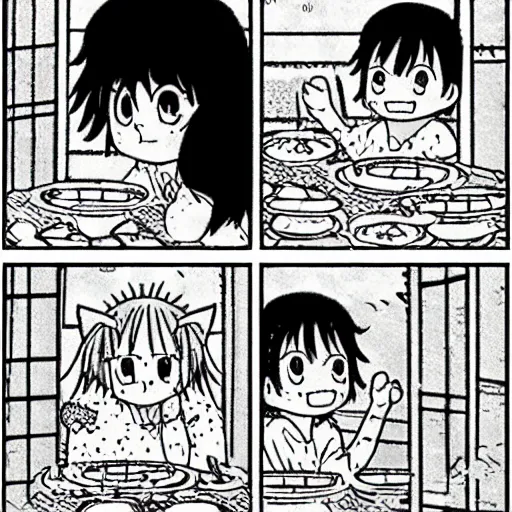 Prompt: a four panel black and white manga by Naoko Takeuchi and Hayao Miyazaki of a cat eating rice, cat eating rice 4koma manga