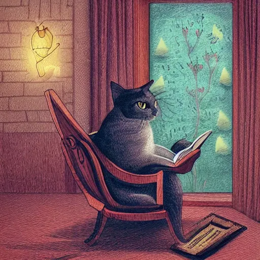 Image similar to “ cat reading a book, cozy chair in a warmly lit room, illustration, 8 k ”